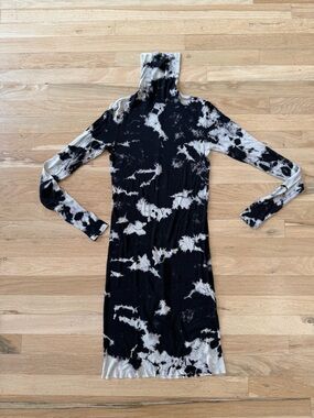 Enza Costa Black & White Tie-Dye Turtleneck Long Sleeve Dress